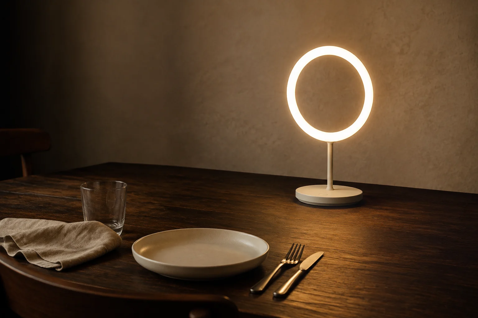 Warm light from Loop brings a quiet dining table into focus