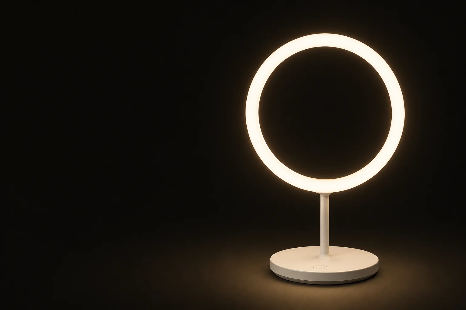 Loop casts warm light over its sculptural circular diffuser and satin base