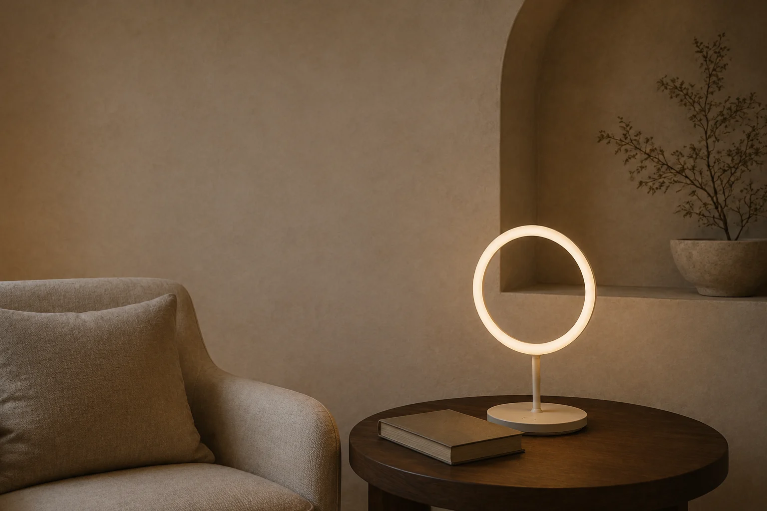 Loop on a walnut side table beside a linen reading chair